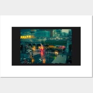 Rainy night in Neo Tokyo Matrix vibe with green and orange light reflection Posters and Art